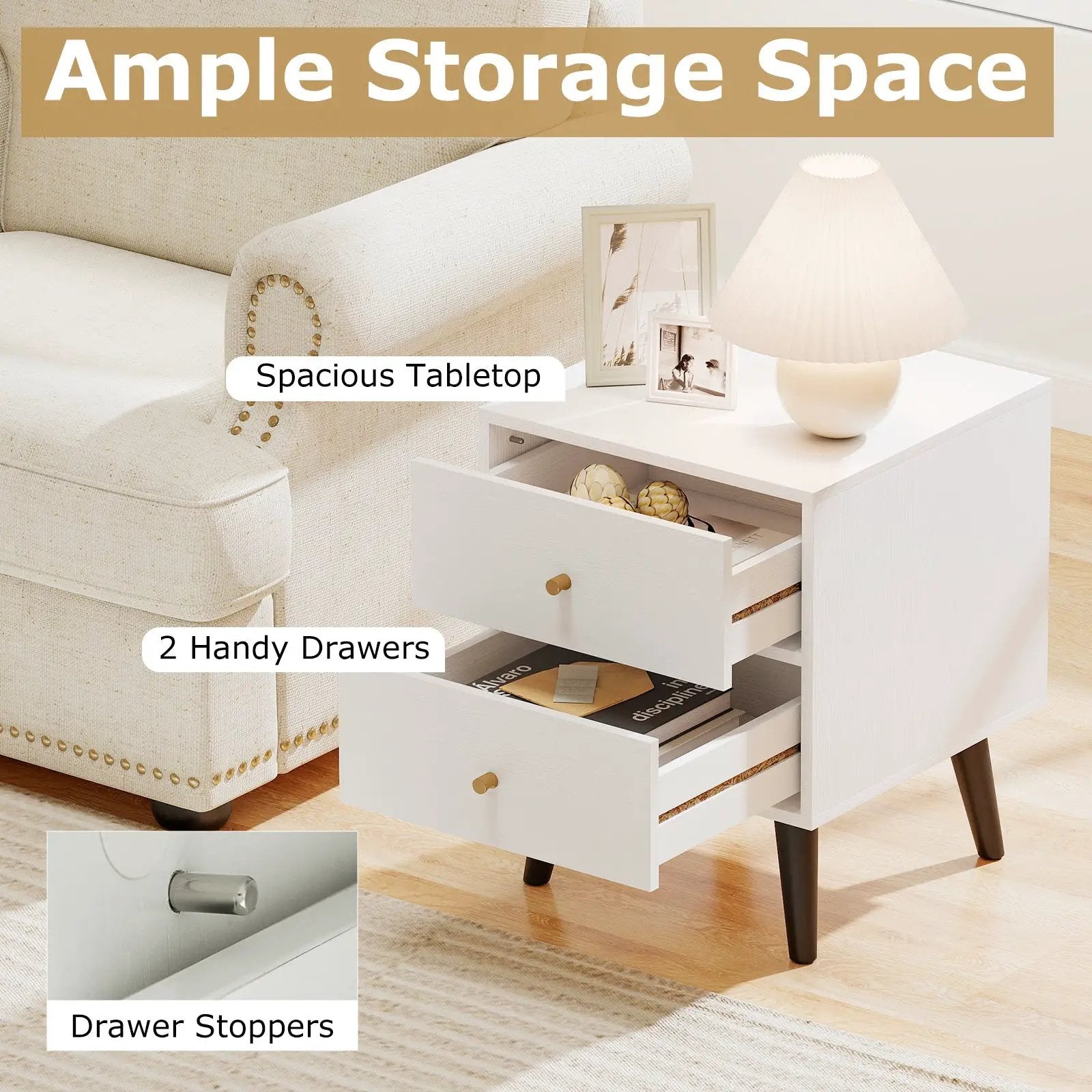 Nightstand Set of 2 Mid Century Modern Bedside Table with Golden Knobs and Raised Support Legs by DirectDeals