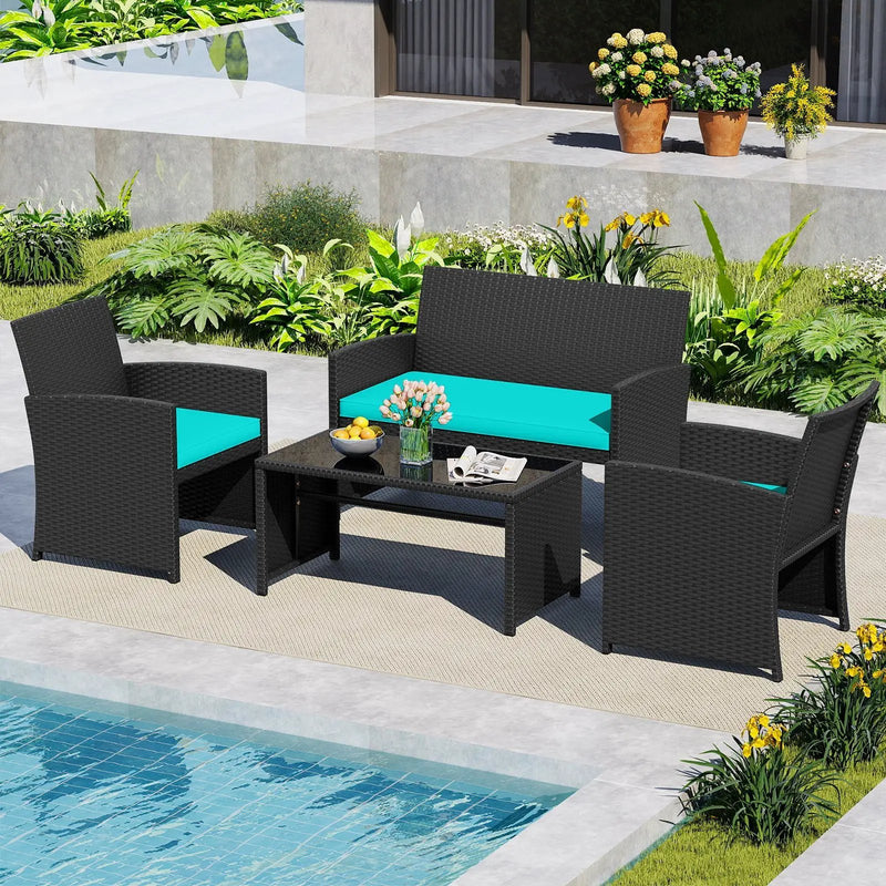4 Pieces Patio Furniture Set with Tempered Glass Tabletop and Removable Cushion by DirectDeals
