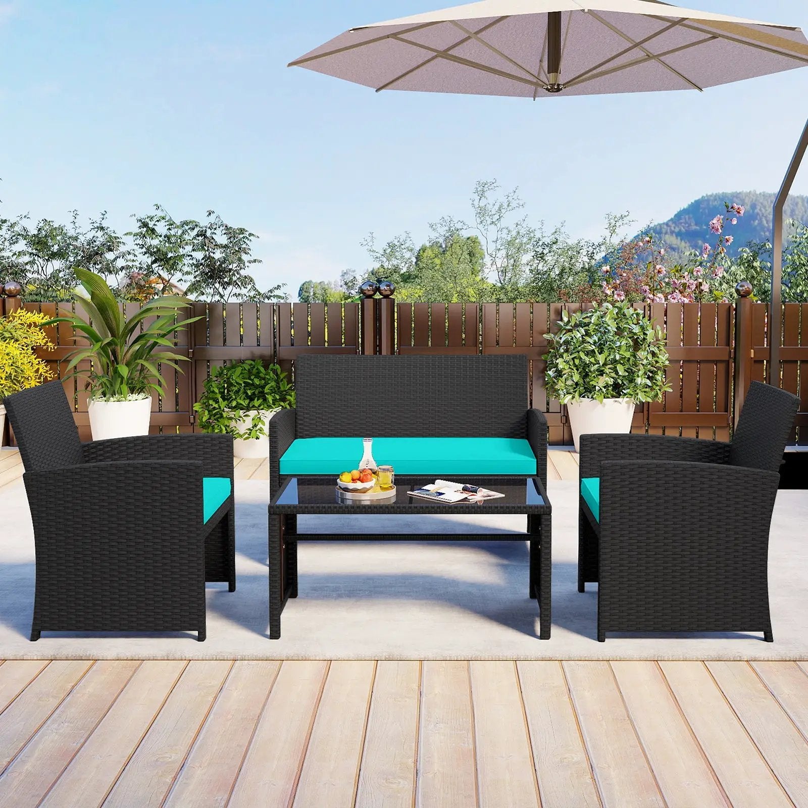 4 Pieces Patio Furniture Set with Tempered Glass Tabletop and Removable Cushion by DirectDeals