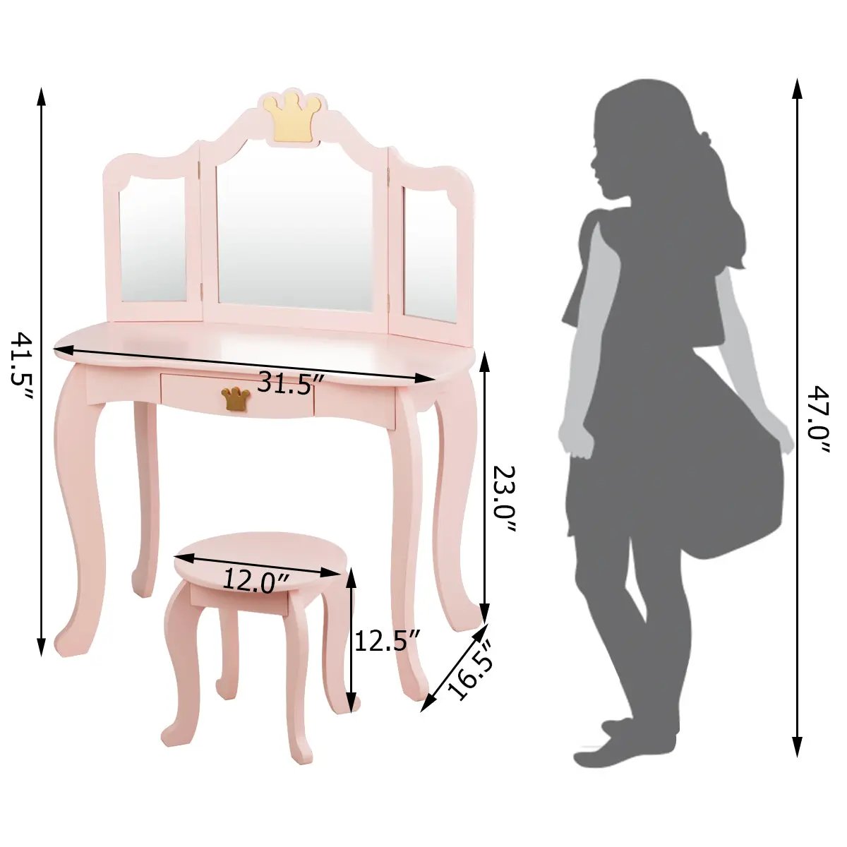 Kids Vanity Set + Kids Jewelry Armoire with Full-Length Mirror with Drawer by DirectDeals