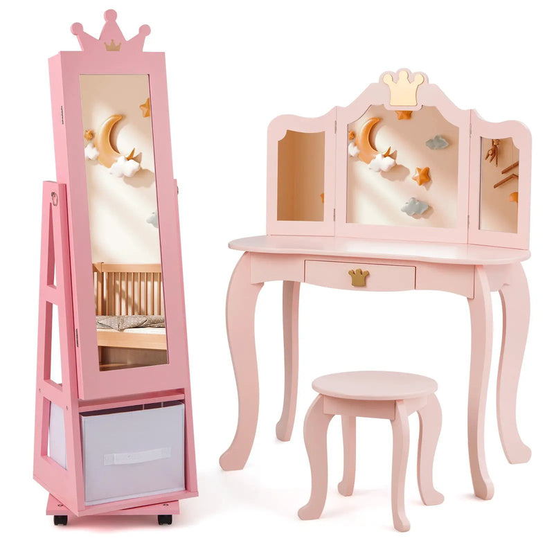 Kids Vanity Set + Kids Jewelry Armoire with Full-Length Mirror with Drawer by DirectDeals