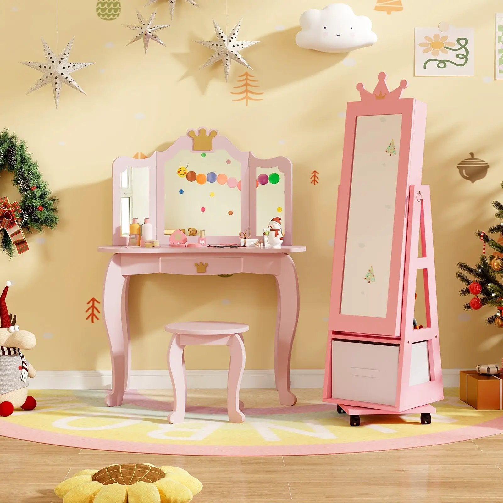 Kids Vanity Set + Kids Jewelry Armoire with Full-Length Mirror with Drawer by DirectDeals