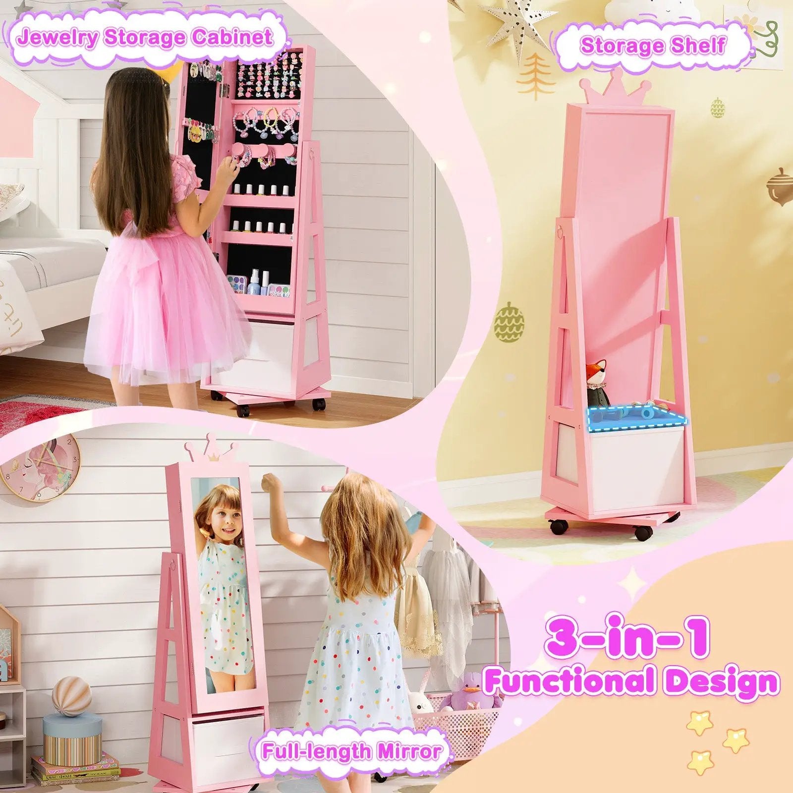 Kids Vanity Set + Kids Jewelry Armoire with Full-Length Mirror with Drawer by DirectDeals