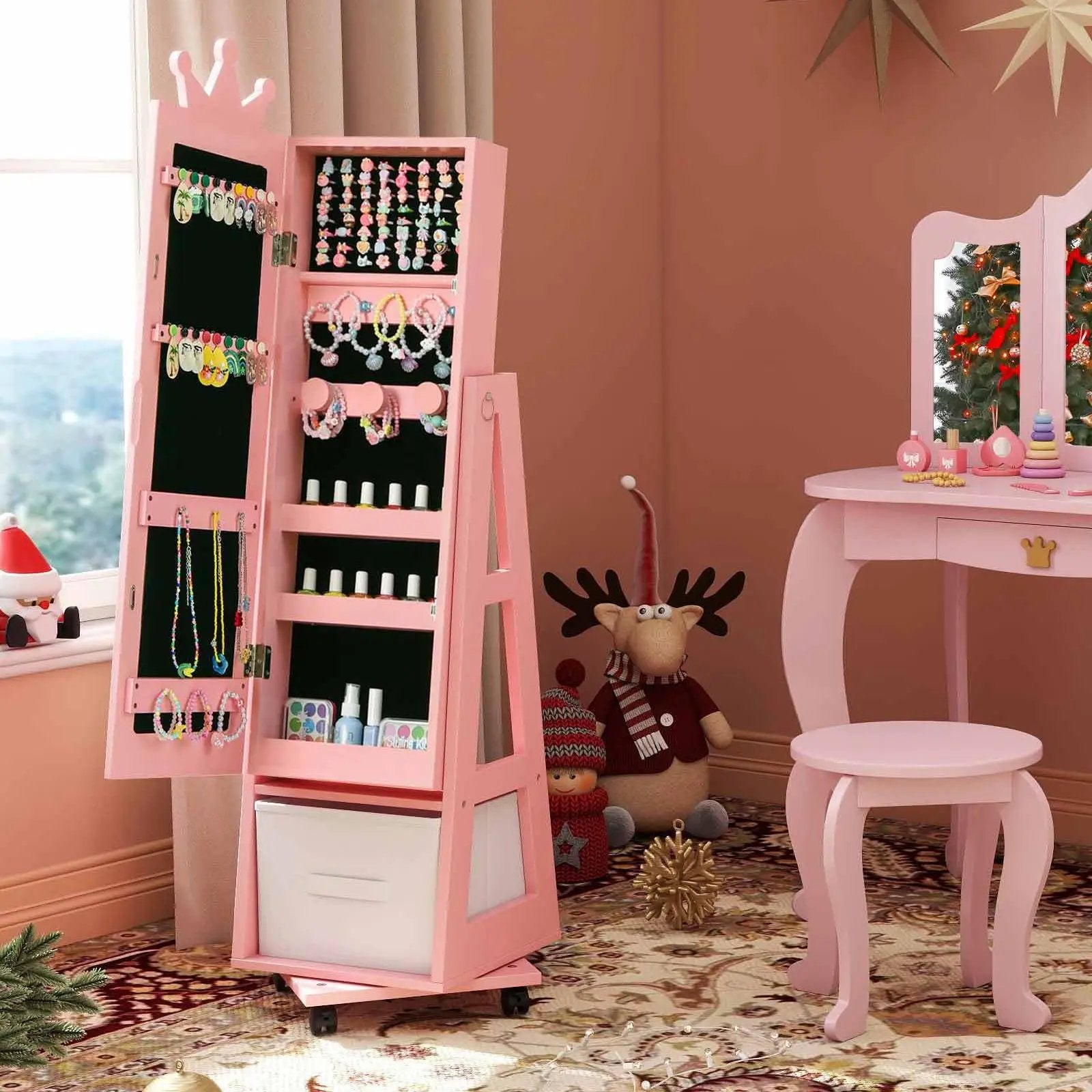 Kids Vanity Set + Kids Jewelry Armoire with Full-Length Mirror with Drawer by DirectDeals