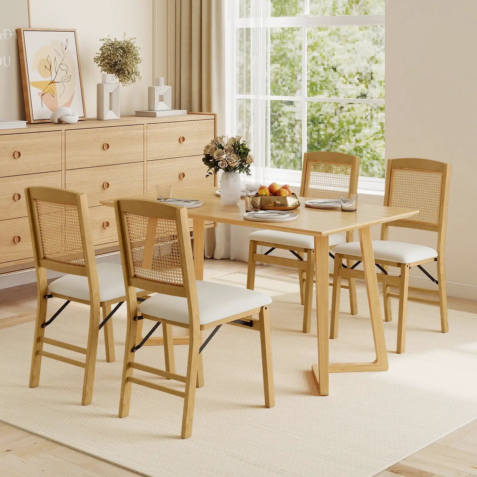 Folding Dining Chairs Set of 2 Rubber Wood Chairs with Linen Padded Seat by DirectDeals
