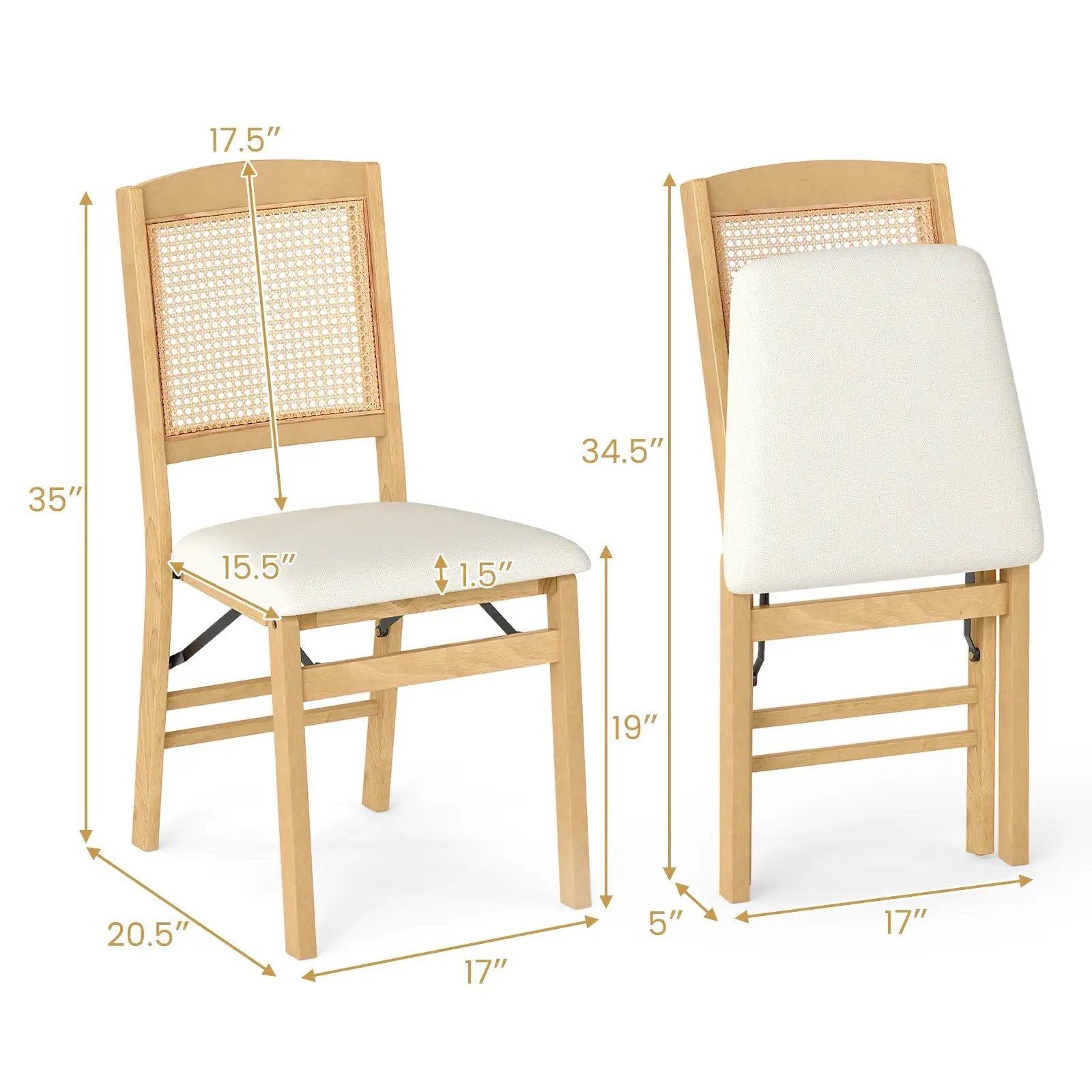 Folding Dining Chairs Set of 2 Rubber Wood Chairs with Linen Padded Seat by DirectDeals