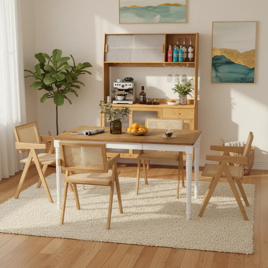 Kitchen Dining Set with Extendable Table 2 Rattan Accent Chairs and Kitchen Cabinet by DirectDeals