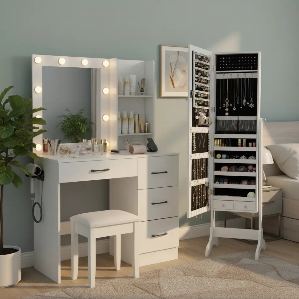Bedroom Set with Lockable Mirrored Jewelry Cabinet and Vanity Desk by DirectDeals