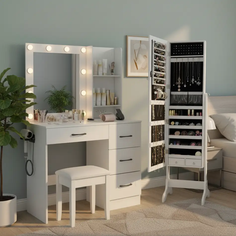 Bedroom Set with Lockable Mirrored Jewelry Cabinet and Vanity Desk by DirectDeals