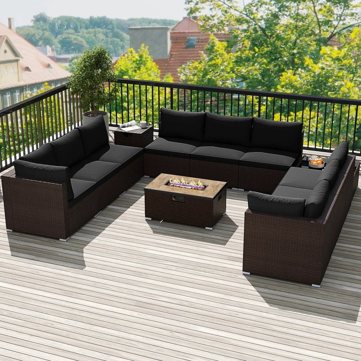 Outdoor PE Rattan Conversation Set with 32‚Äù Propane Fire Pit Table and Tank Holder