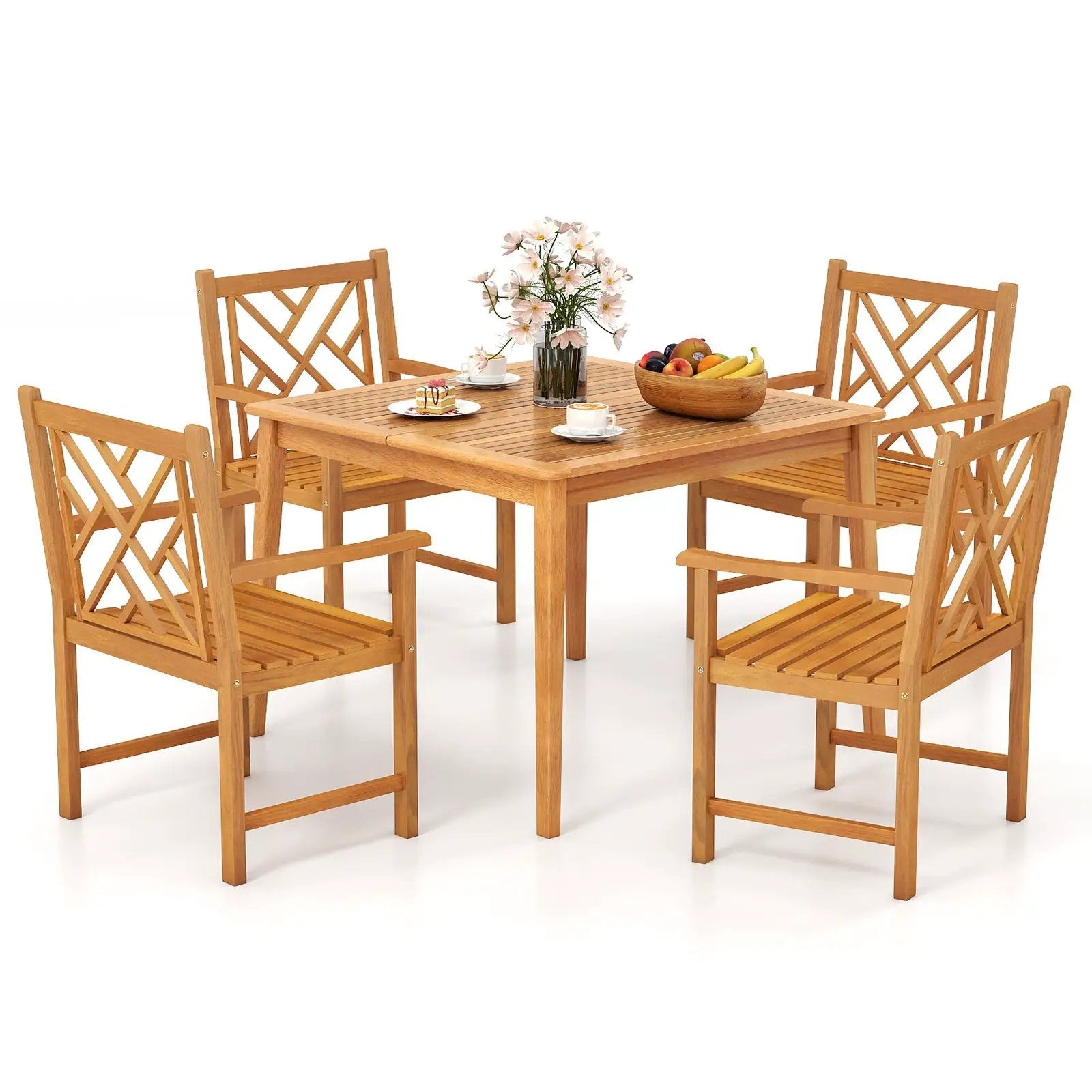 5-Pieces Patio Dining Table Set Wood Square Dining Table with 4 Chairs and Slatted Tabletop by DirectDeals