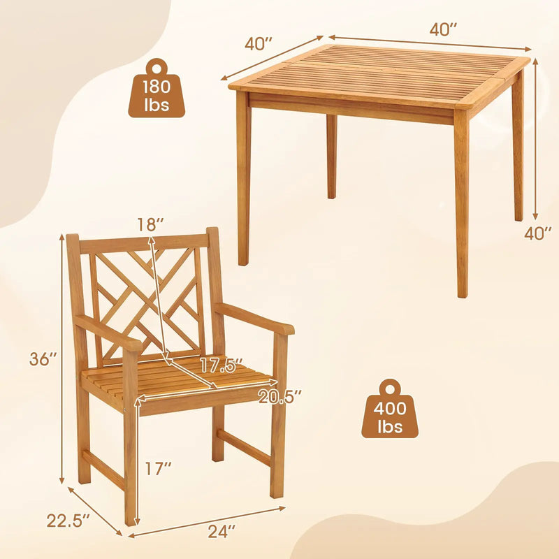 5-Pieces Patio Dining Table Set Wood Square Dining Table with 4 Chairs and Slatted Tabletop by DirectDeals