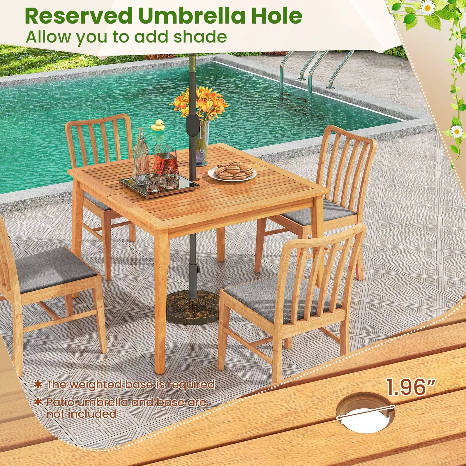 5-Pieces Patio Dining Table Set Wood Square Dining Table with 4 Chairs and Slatted Tabletop by DirectDeals