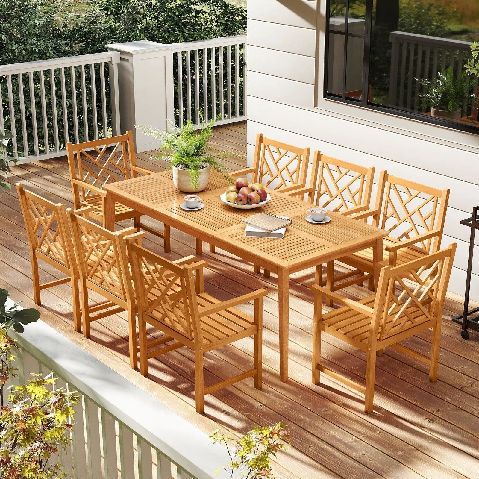 9-Pieces Patio Dining Table Set Wood Rectangular Dining Table with 8 Chairs and Slatted Tabletop by DirectDeals