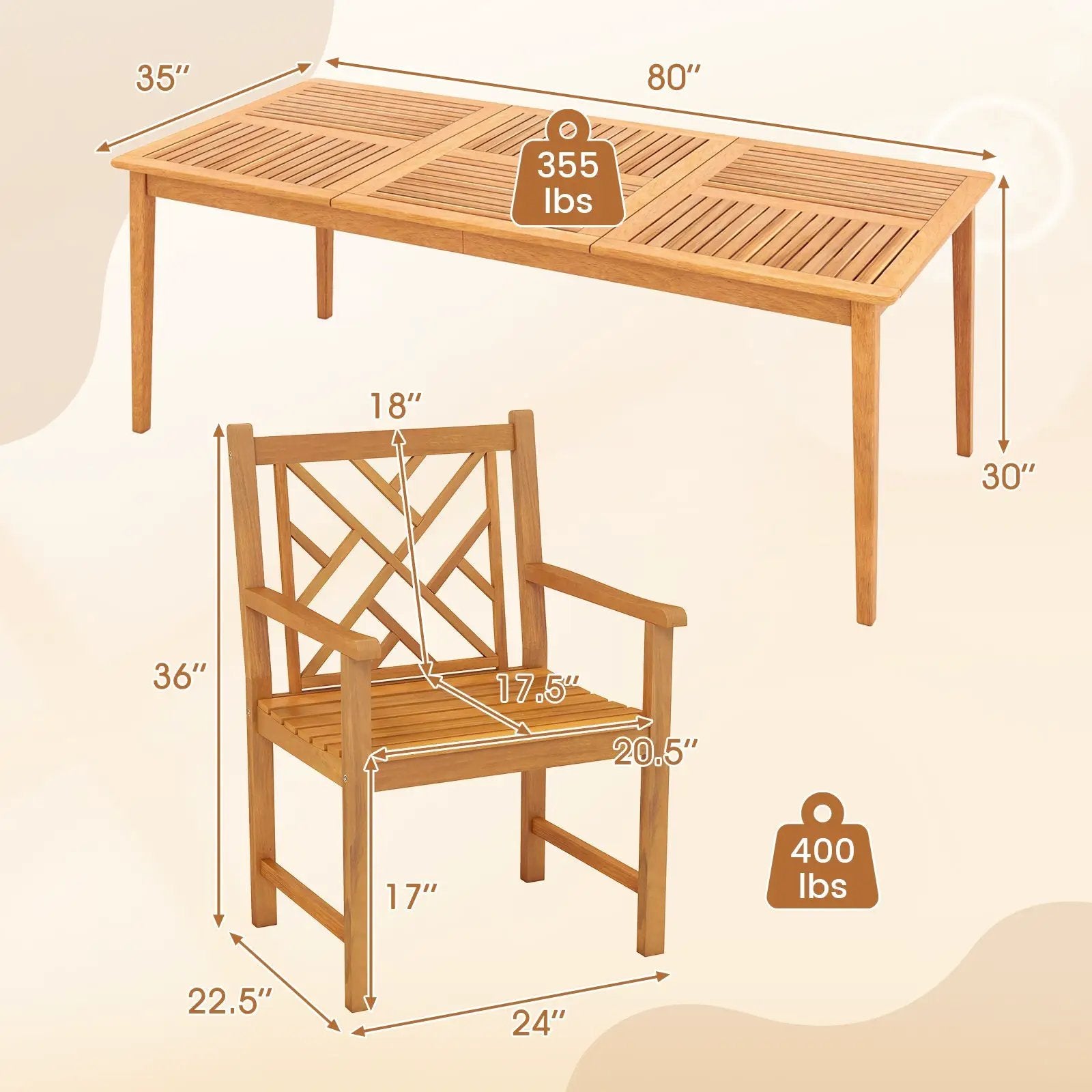 9-Pieces Patio Dining Table Set Wood Rectangular Dining Table with 8 Chairs and Slatted Tabletop by DirectDeals