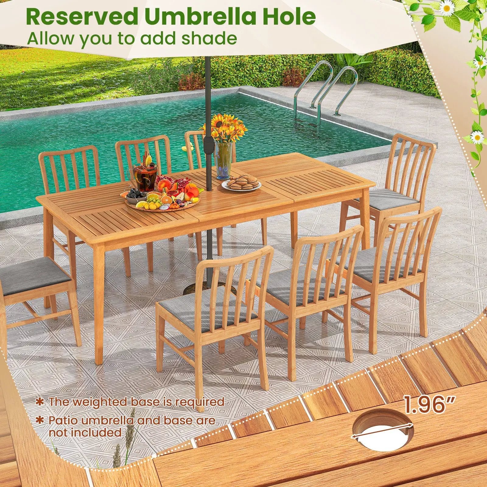 9-Pieces Patio Dining Table Set Wood Rectangular Dining Table with 8 Chairs and Slatted Tabletop by DirectDeals
