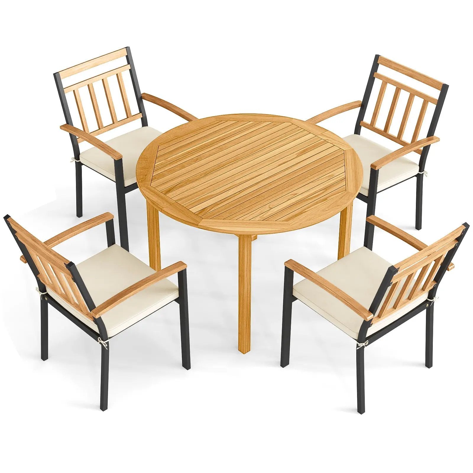 5 Pieces Outdoor Acacia Wood Dining Set Patio Round Table and Metal Chairs with Cushions by DirectDeals