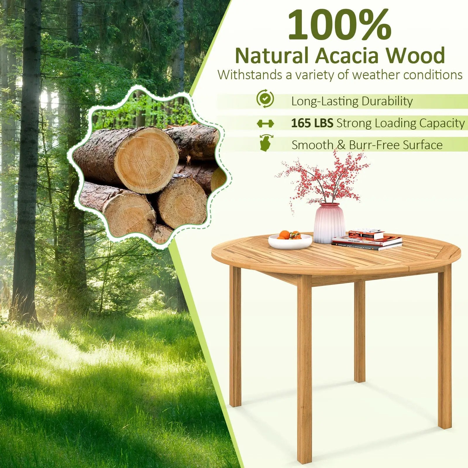 5 Pieces Outdoor Acacia Wood Dining Set Patio Round Table and Metal Chairs with Cushions by DirectDeals