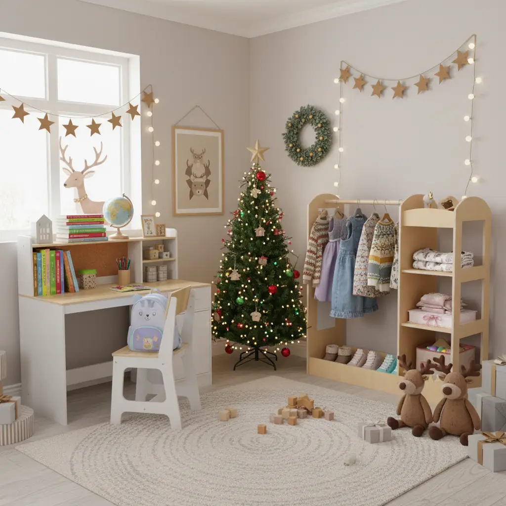 Kids Room Set: Recliner + Natural Study Desk & Chair + 4-ft Christmas Tree + Natural Dress-Up Storage by DirectDeals