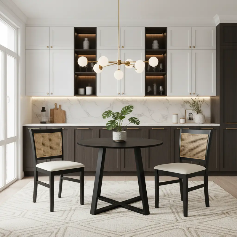 3-Piece Mid-Century Dining Set with 36‚Äù Round Pedestal Table and 2 Farmhouse Rattan Dining Chairs by DirectDeals