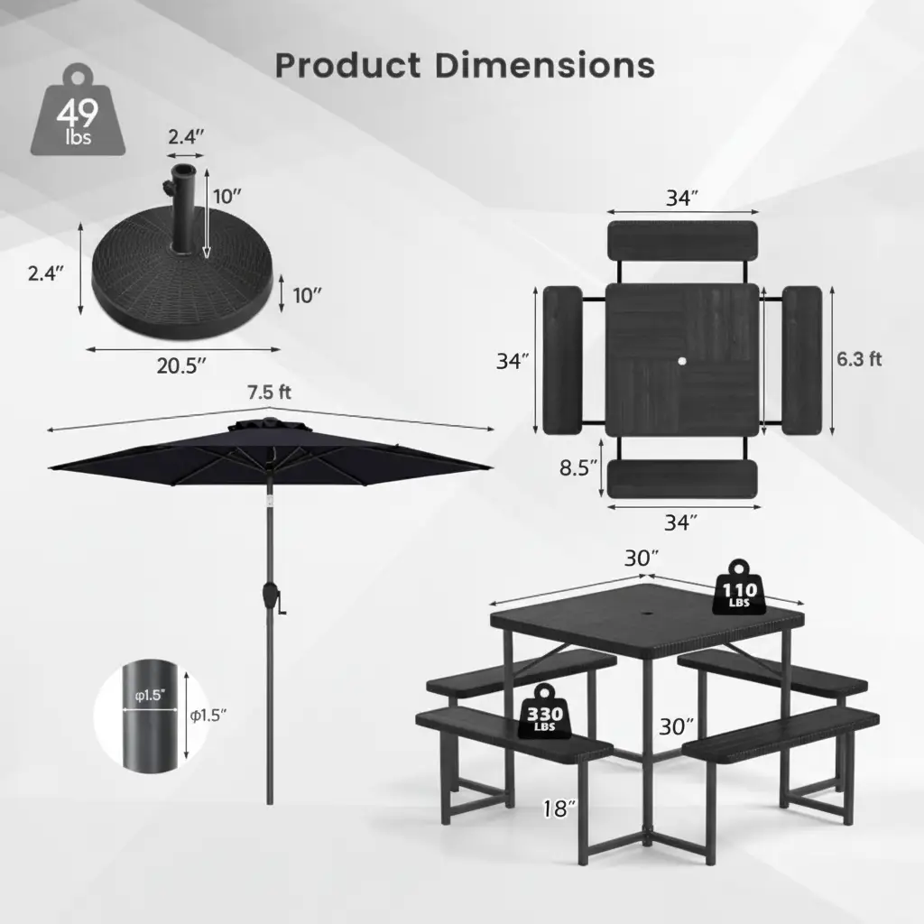 Outdoor Picnic Table Bench Set with Umbrella and Base for 4-8 People by DirectDeals