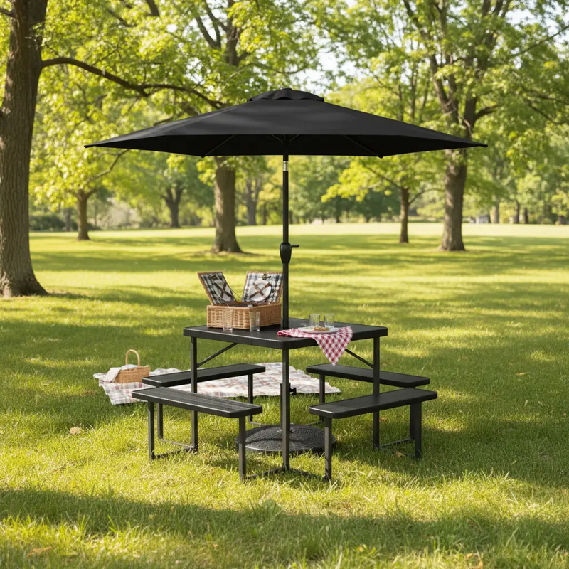 Outdoor Picnic Table Bench Set with Umbrella and Base for 4-8 People by DirectDeals