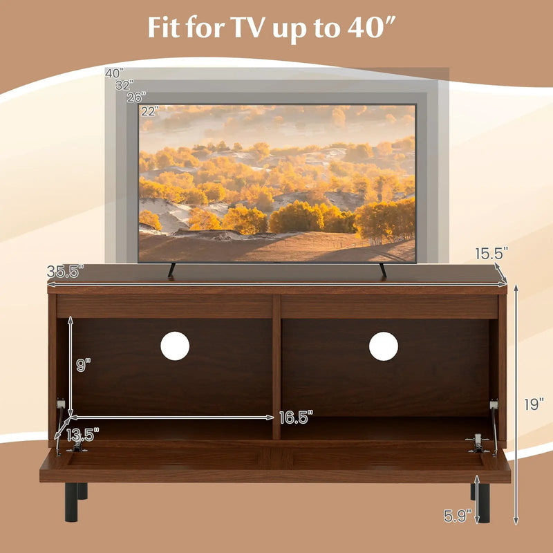 Mid Century Fluted TV Stand for 40" TV with 2 Hidden Compartments and Metal Legs-Walnut by DirectDeals