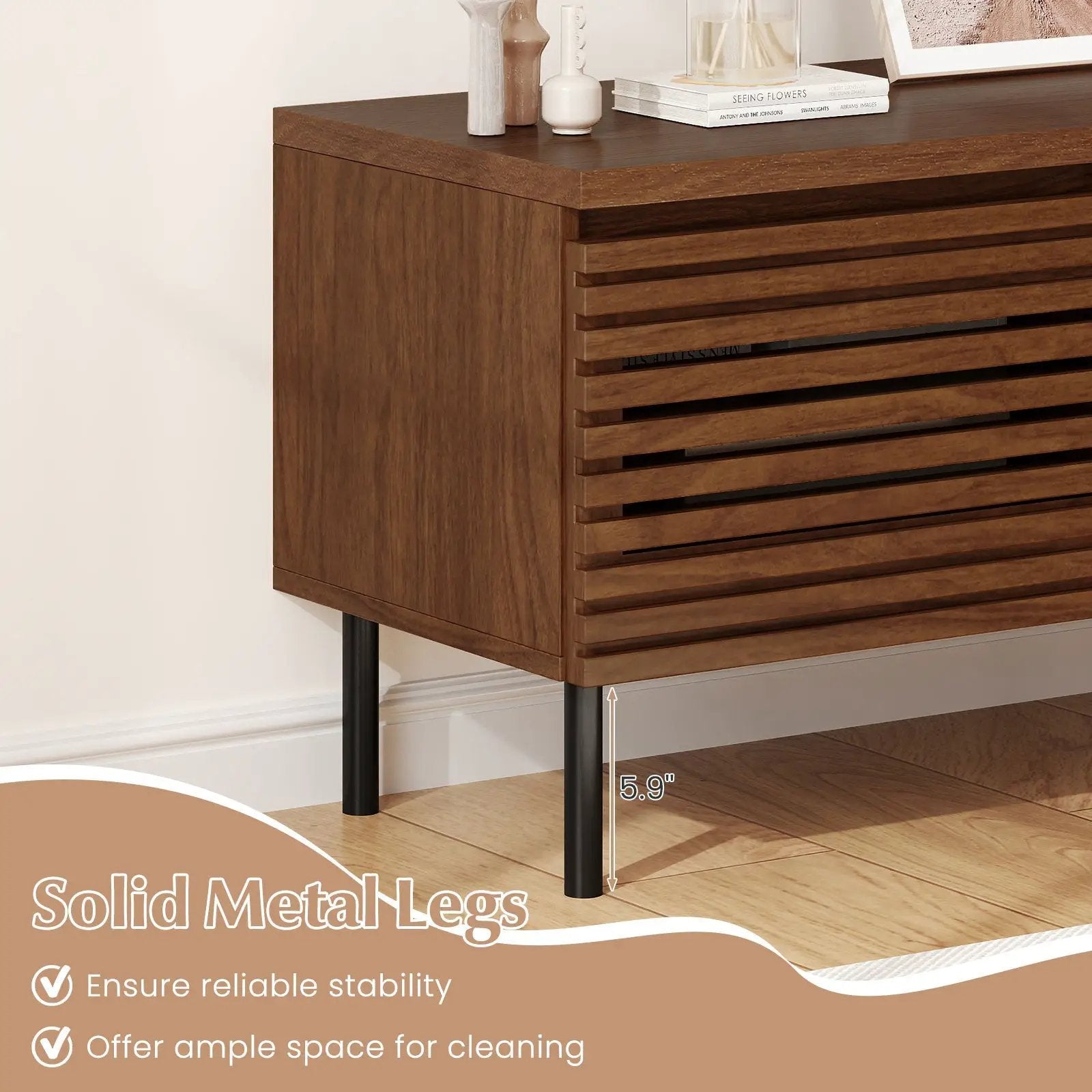 Mid Century Fluted TV Stand for 40" TV with 2 Hidden Compartments and Metal Legs-Walnut by DirectDeals