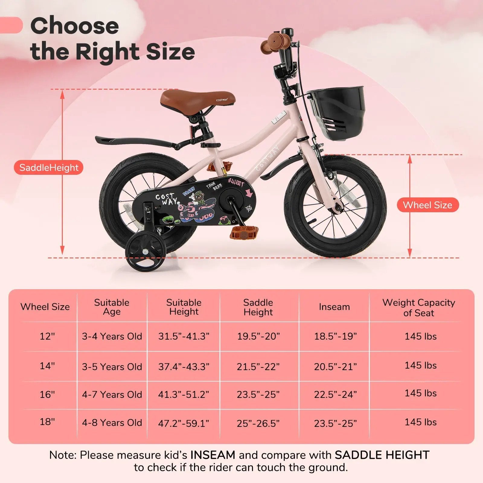 12 Inch Kids Bike with Helmet Protective Set Black & Pink by DirectDeals