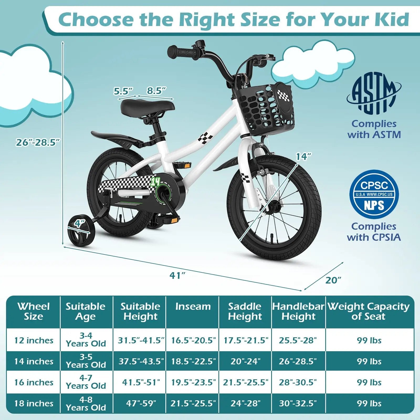 14 Inch Kids Bike White with Blue Helmet Protective Set by DirectDeals