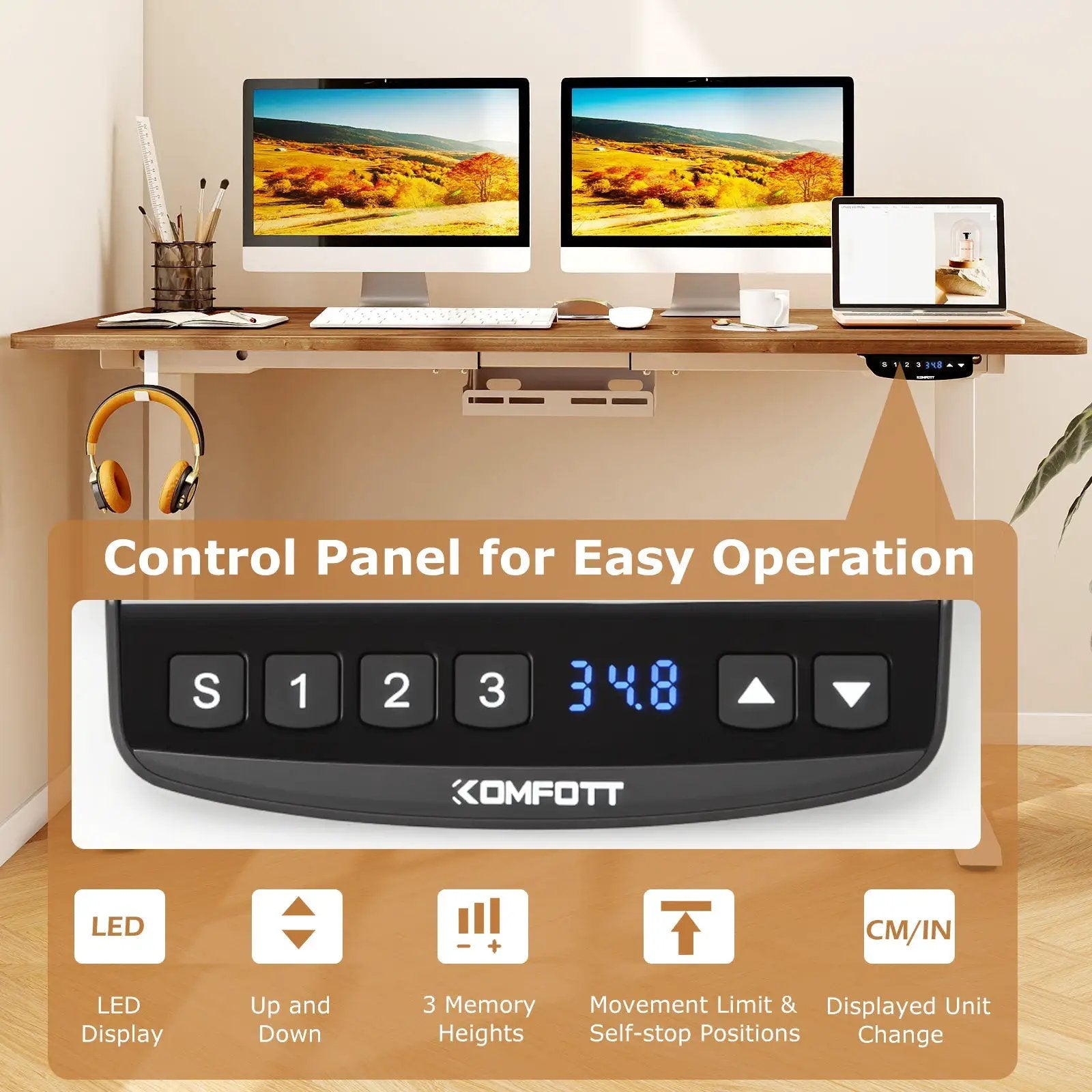 Electric Standing Desk Height Adjustable with 3 Memory Heights Walnut by DirectDeals