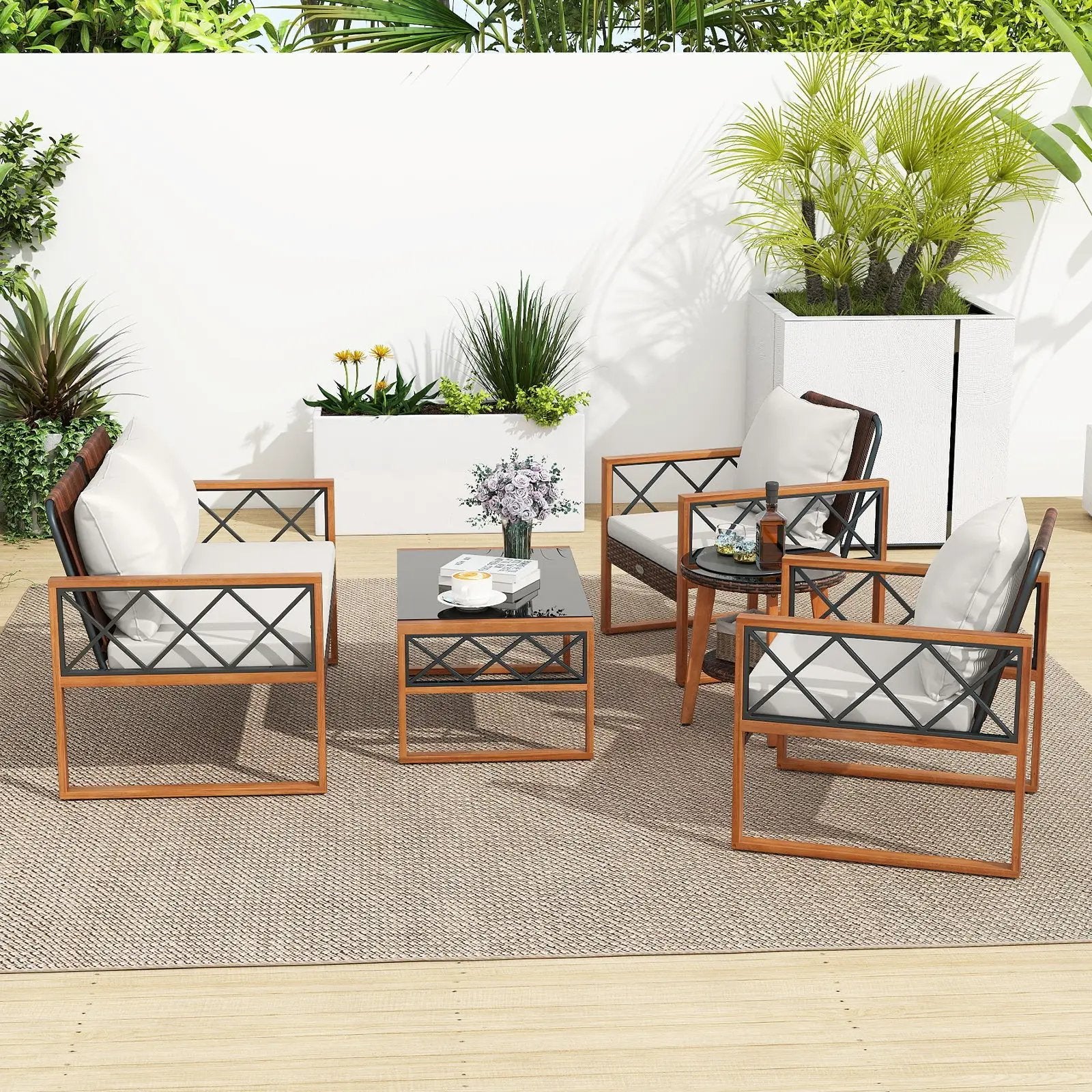 5 Pieces PE Wicker Patio Furniture Set with Acacia Wood Frame by DirectDeals