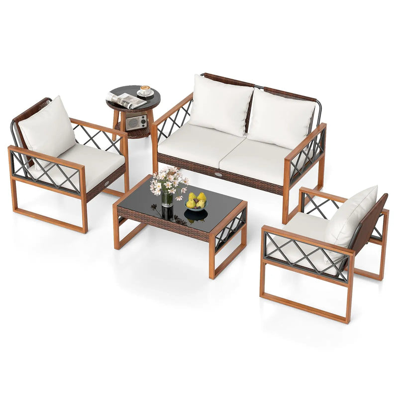 5 Pieces PE Wicker Patio Furniture Set with Acacia Wood Frame by DirectDeals