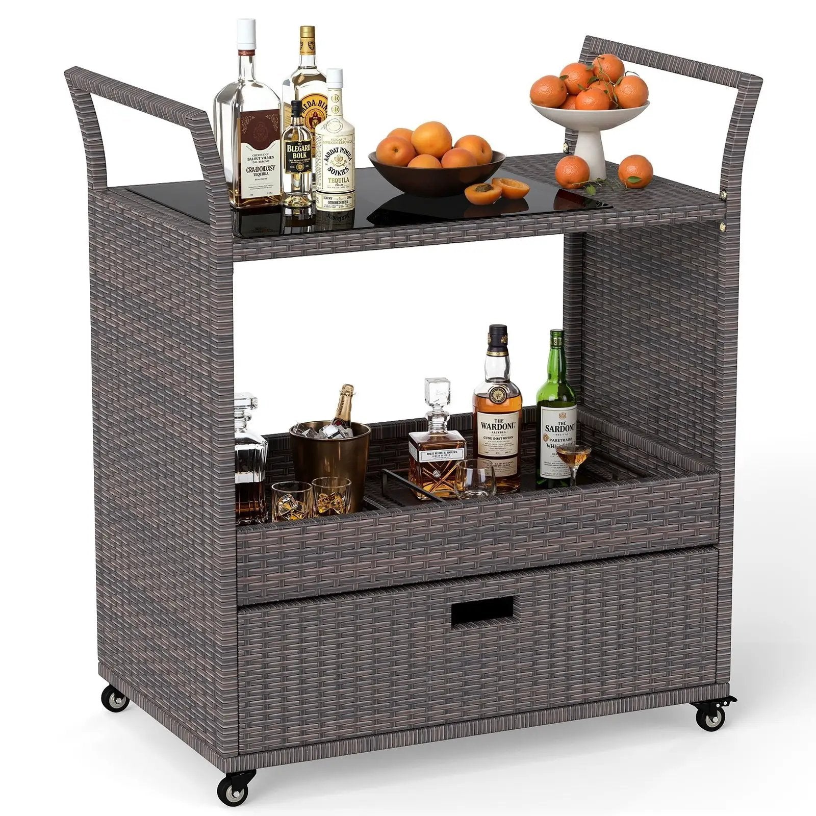 Outdoor Wicker Bar Cart Table with Tempered Glass Top by DirectDeals