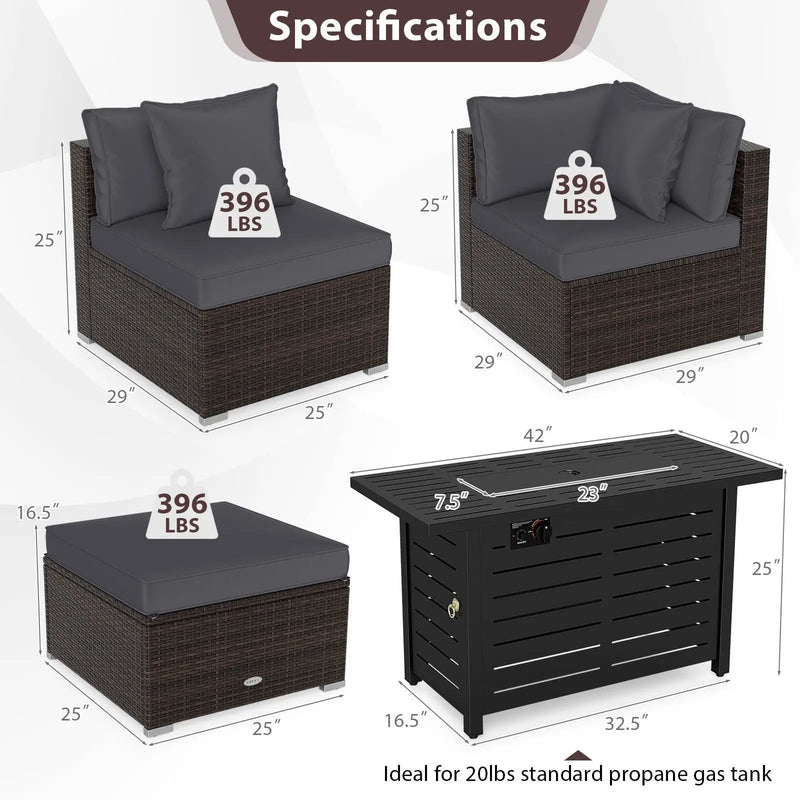 Heavy-duty Frame Rattan Sofa Set with 60000 BTU Firepit Table by DirectDeals