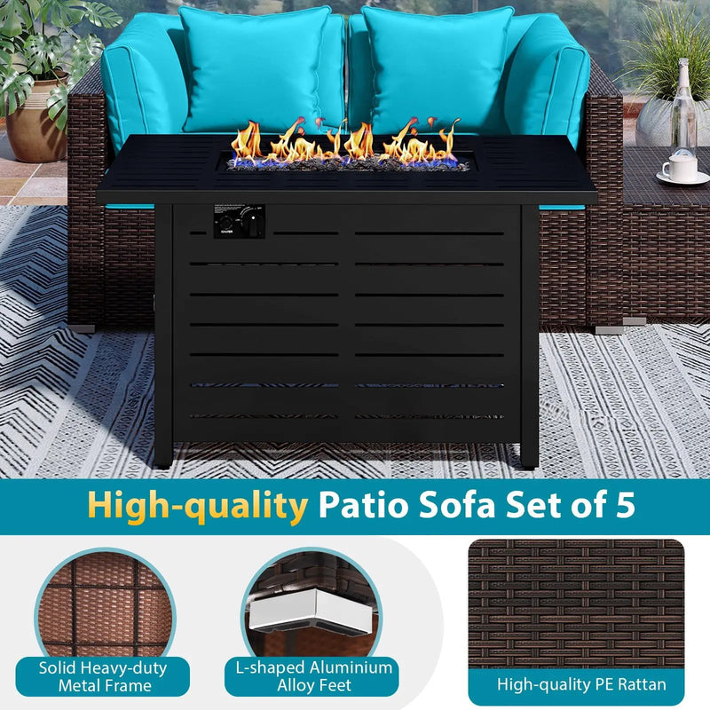 Heavy-duty Frame Rattan Sofa Set with 60000 BTU Firepit Table by DirectDeals