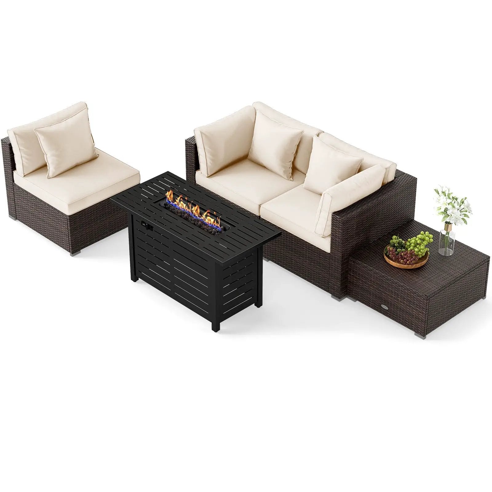 Heavy-duty Frame Rattan Sofa Set with 60000 BTU Firepit Table by DirectDeals