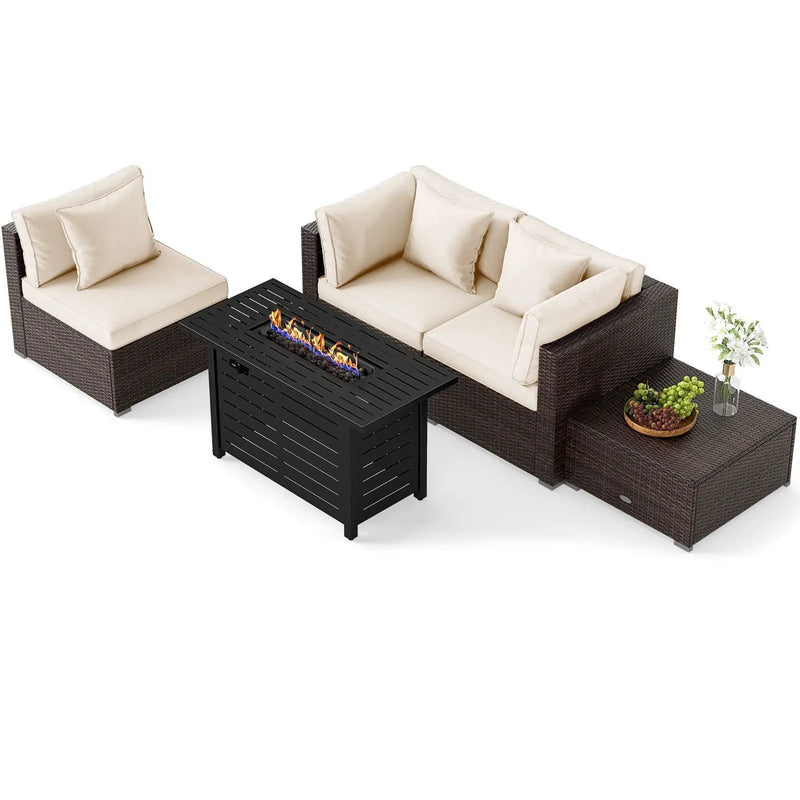 Heavy-duty Frame Rattan Sofa Set with 60000 BTU Firepit Table by DirectDeals