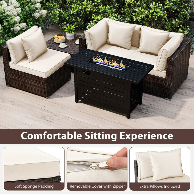 Heavy-duty Frame Rattan Sofa Set with 60000 BTU Firepit Table by DirectDeals