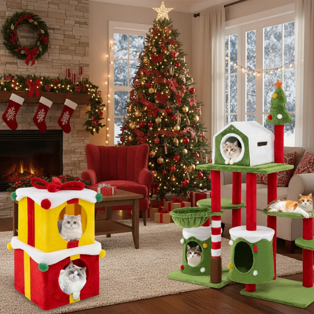 Cat Furniture Set with 58 Inch Tall Cat Tree Tower and 2 Gift Box Shaped Cute Christmas Cat House by DirectDeals