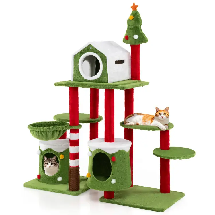 Cat Furniture Set with 58 Inch Tall Cat Tree Tower and 2 Gift Box Shaped Cute Christmas Cat House by DirectDeals