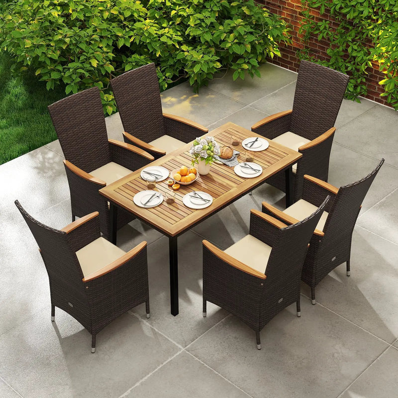 Outdoor Dining Set for 6 Patio Wicker Armchairs and Acacia Wood Table by DirectDeals