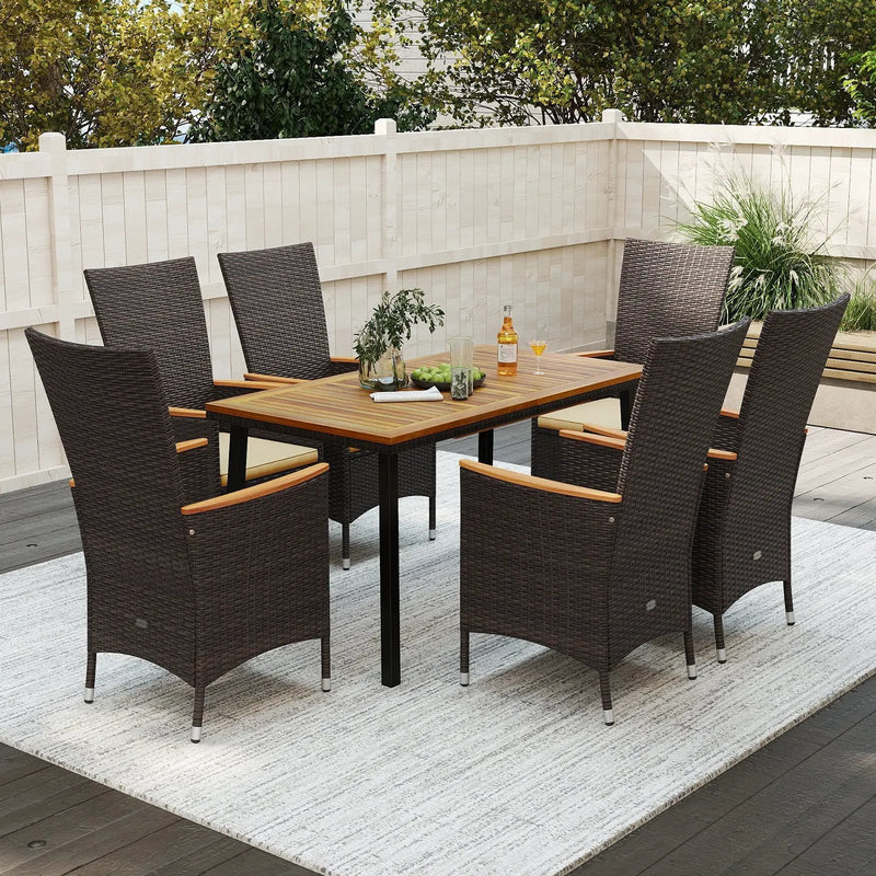 Outdoor Dining Set for 6 Patio Wicker Armchairs and Acacia Wood Table by DirectDeals