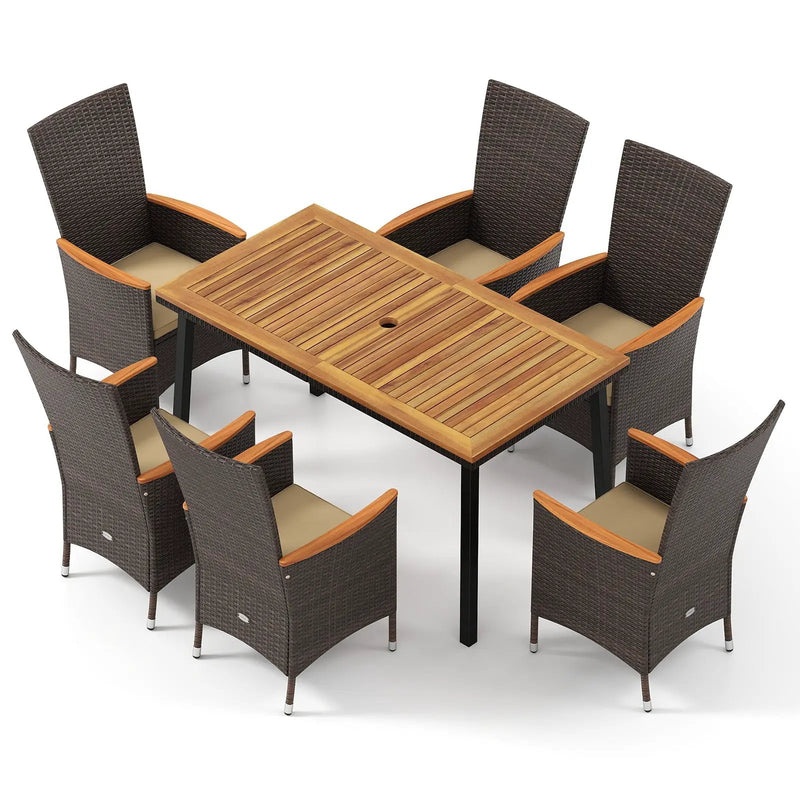 Outdoor Dining Set for 6 Patio Wicker Armchairs and Acacia Wood Table by DirectDeals
