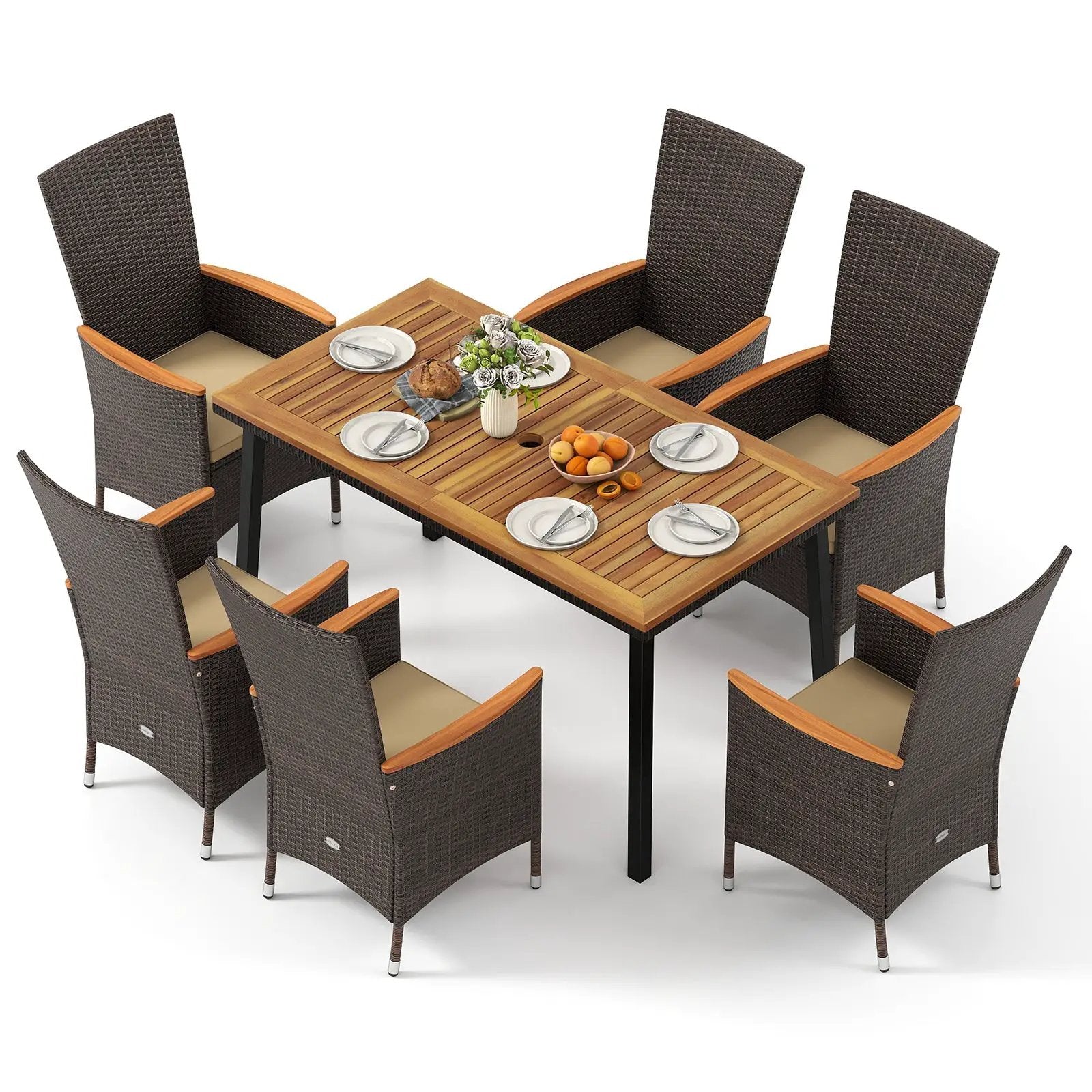 Outdoor Dining Set for 6 Patio Wicker Armchairs and Acacia Wood Table by DirectDeals
