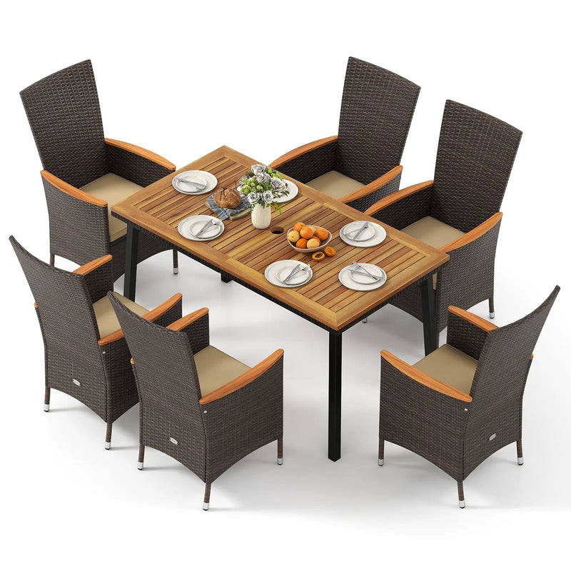 Outdoor Dining Set for 6 Patio Wicker Armchairs and Acacia Wood Table by DirectDeals