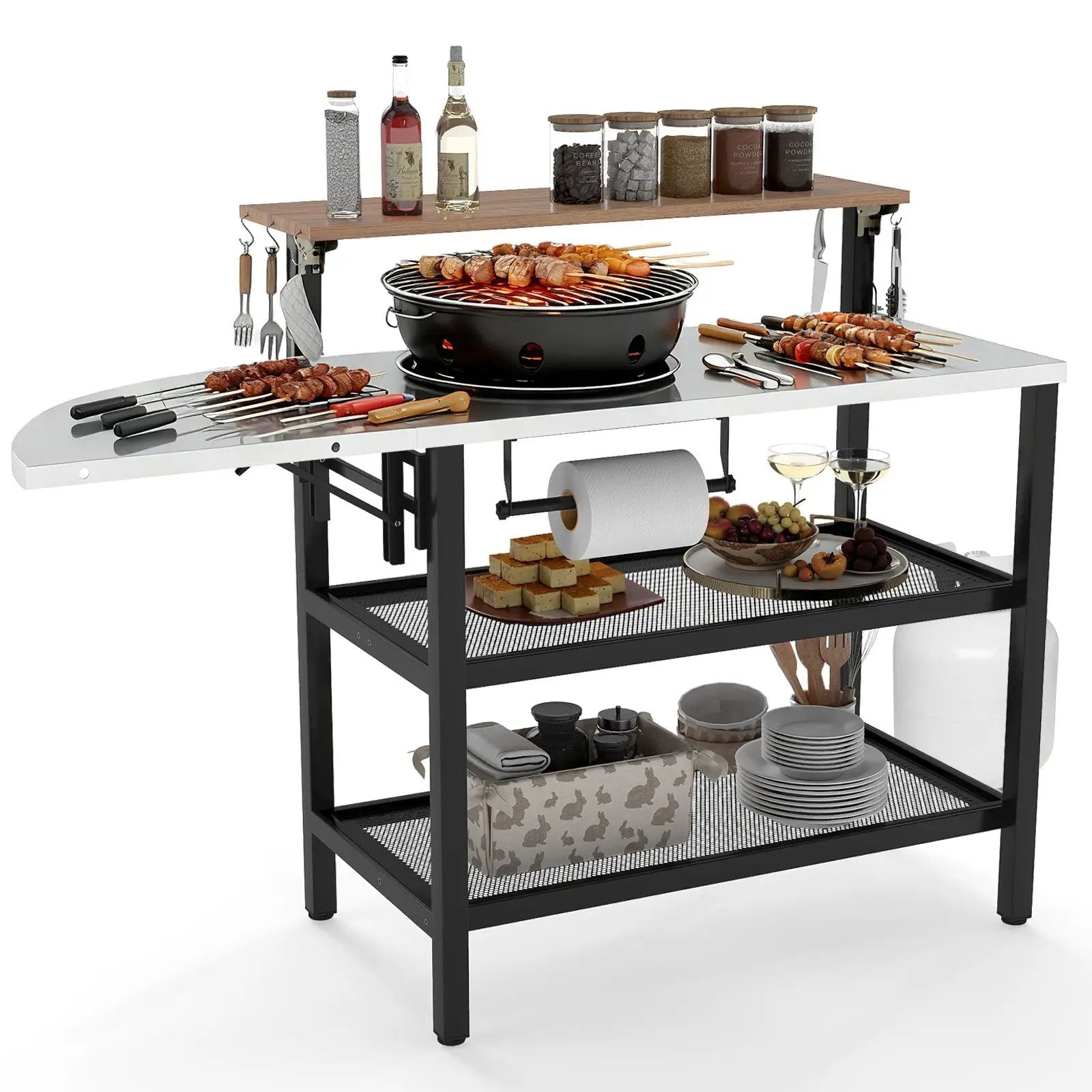 Outdoor Foldable Grill Table with Flip-Up Top and 2 Storage Shelves for Backyard Garden by DirectDeals