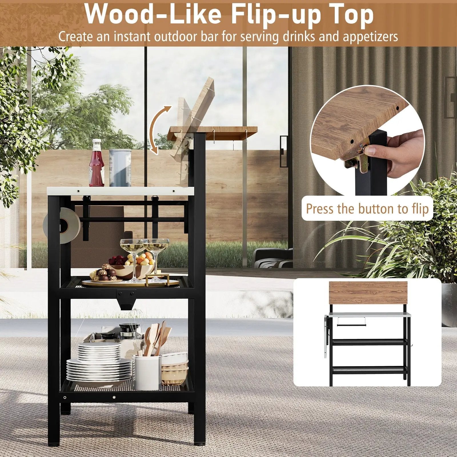 Outdoor Foldable Grill Table with Flip-Up Top and 2 Storage Shelves for Backyard Garden by DirectDeals