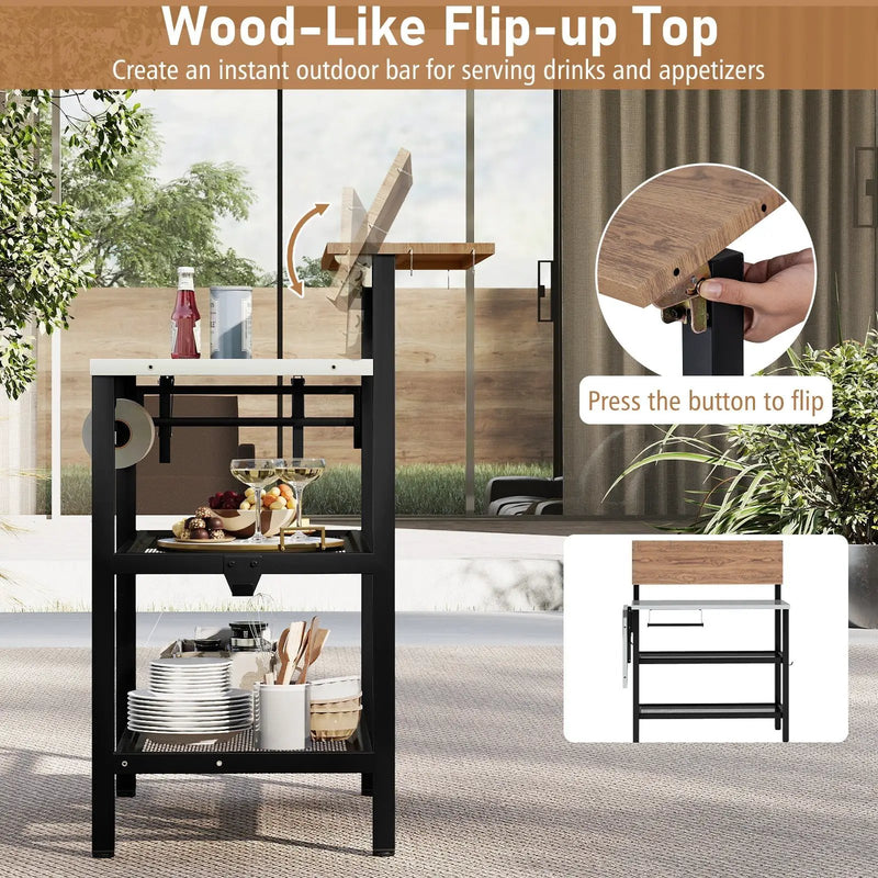 Outdoor Foldable Grill Table with Flip-Up Top and 2 Storage Shelves for Backyard Garden by DirectDeals