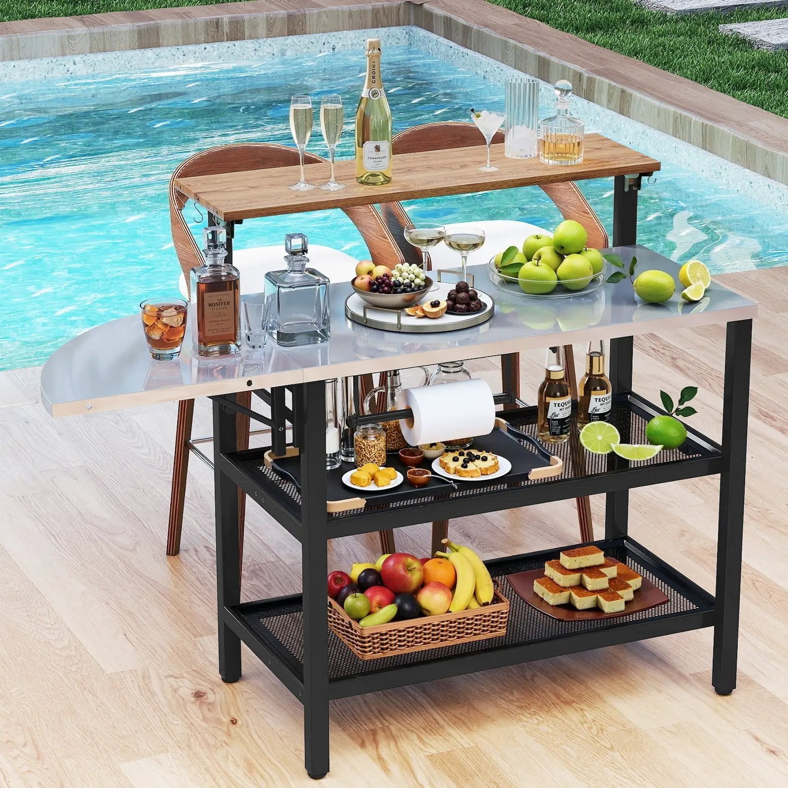 Outdoor Foldable Grill Table with Flip-Up Top and 2 Storage Shelves for Backyard Garden by DirectDeals
